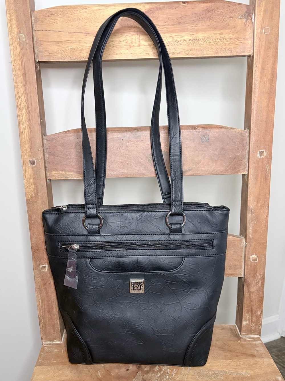 Stone Mountain Black Leather Tote Bag Kaplan Zip Top Shoulder Purse